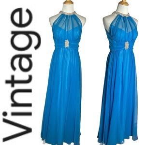 RARE  NWT Vintage 70’s Mike Benet Blue Halter Rhinestone/Pearl Adorned Gown